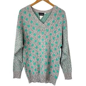 Vintage V-Neck Sweater Gray and Teal Polka Dots 1980s